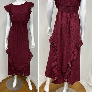 Women's Bohemian Outsider Sleeveless Ruffles Red Black Pattern XL Maxi Dress